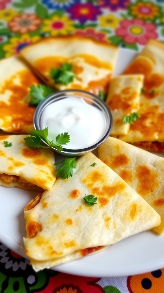 Cheese quesadillas cut into wedges, served with salsa and sour cream on a colorful table.